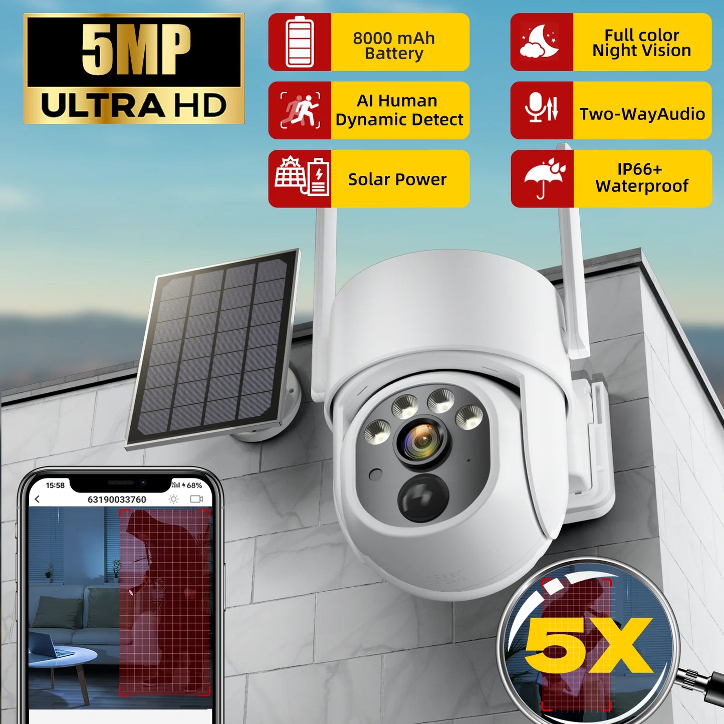 5MP PTZ Solar Power IP Wifi Camera Outdoor IP66 Waterproof 5X Zoom 8000Mah Built-In Battery Surveillance Cam PIR Human Detection