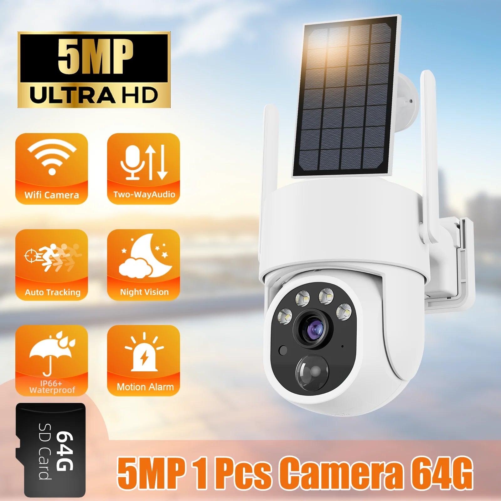 5MP PTZ Solar Power IP Wifi Camera Outdoor IP66 Waterproof 5X Zoom 8000Mah Built-In Battery Surveillance Cam PIR Human Detection