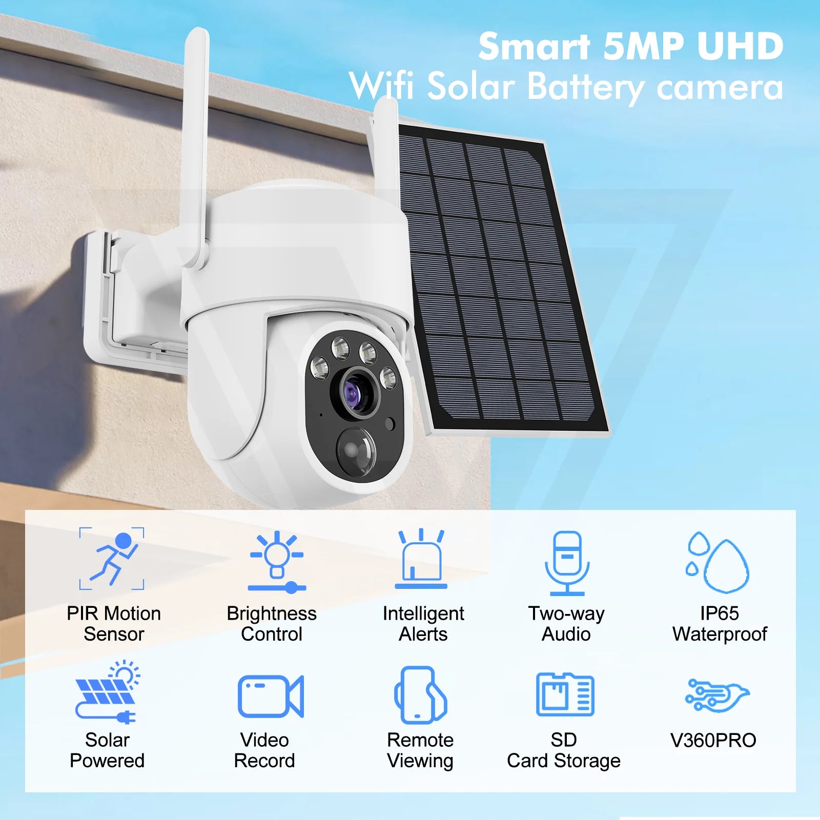 5MP PTZ Solar Power IP Wifi Camera Outdoor IP66 Waterproof 5X Zoom 8000Mah Built-In Battery Surveillance Cam PIR Human Detection